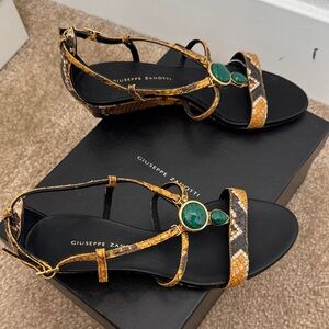 Giuseppe Zanotti Black and Gold Sandals with Green Accents